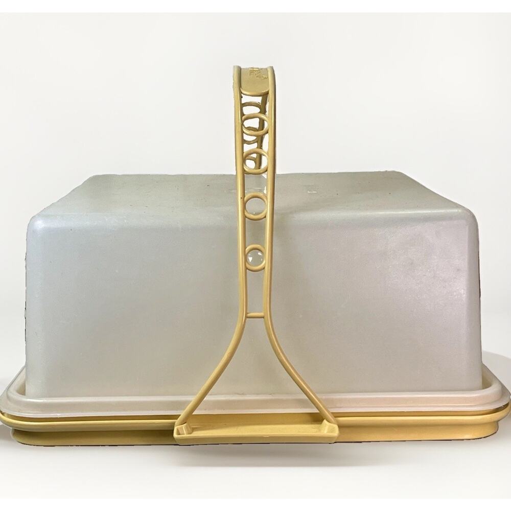 VTG Tupperware Harvest Gold 11” x 11” Cake Cupcake Taker Carrier w Handle - Picture 4 of 7